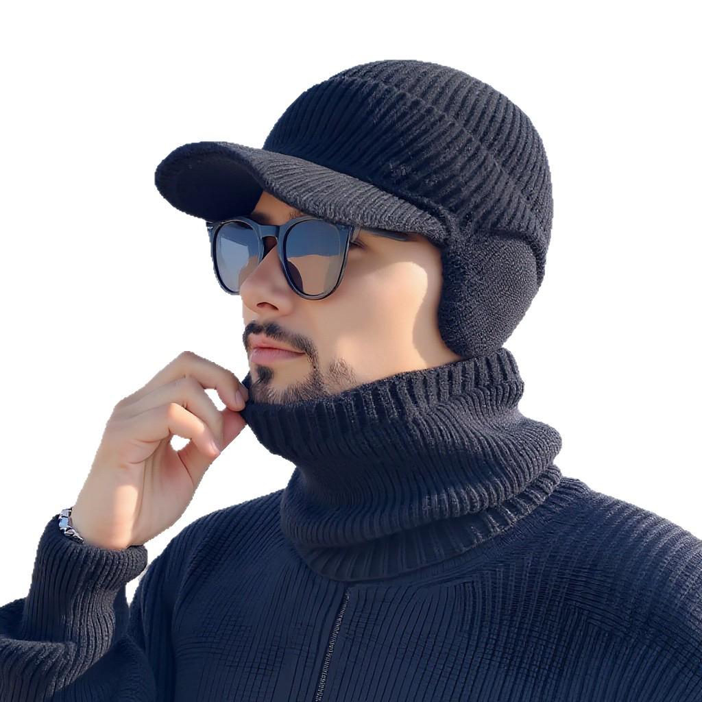Cappello in Lana Lavorata a Maglia Spessa con Visiera Tipo Duckbill da Uomo Nero - Caldo, Circonferenza Larga, Cappello Autunno/Inverno