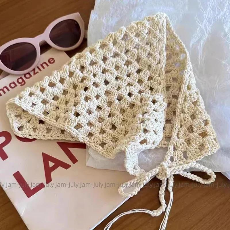 

Vintage Cotton Knitted Hollow Triangle Headscarf for Women Girls Travel Headband Hair Scarf Photo Props Girls Hair Accessories