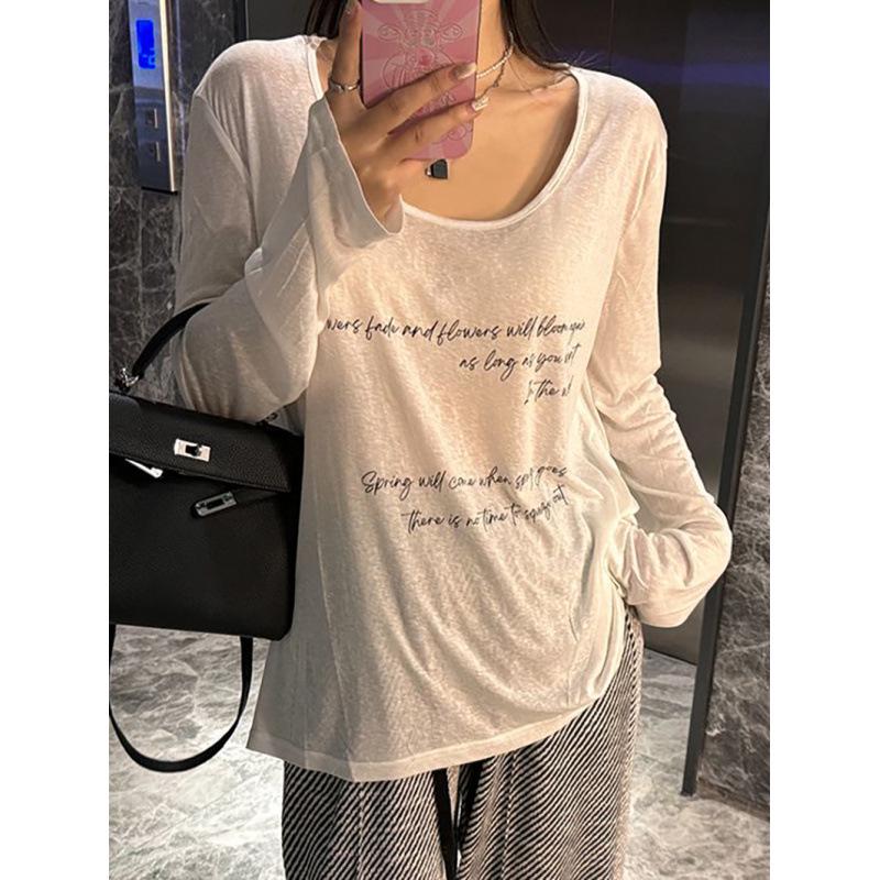Korean Style Sheer Long Sleeve Letter Print T-Shirt Cardigan for Women - Casual Lightweight Sun Protection