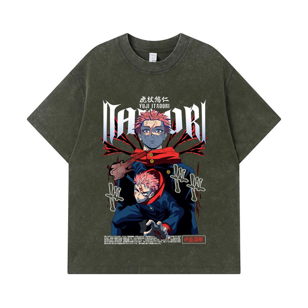 

275 GSM Washed T-shirts 100% Cotton Jujutsu Kaisen V20 Yuji Print Unisex Heavy Cotton T Shirt S армия зеленый