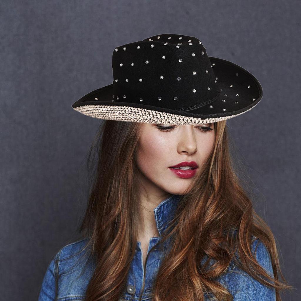 Cowgirl Hat Panama Fringed Cowboy Hat Panama Hat for Music Festivals Sparkly Rhinestones Brim Cowboy Hat