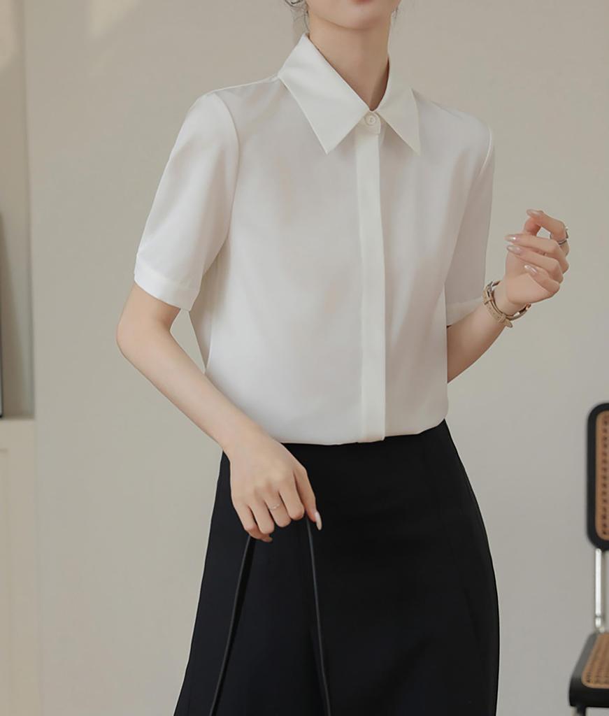 Shirt Blouse Short Sleeve Silky Dress Shirt Summer Loose Fit Large Size No Iron Washable Neat Plain Simple Body Cover Slimming Office Casual Fashion