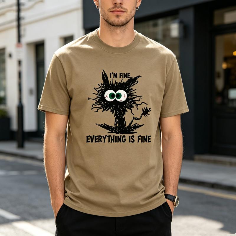 Im Fine Everything Is Fine Graphic T Shirt Funny Cat Print Unisex Soft Cotton Crew Neck Short Sleeve Trendy Casual Tops