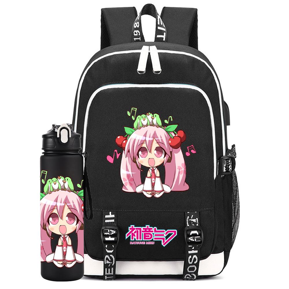 2 ks/sada Anime Hatsune Miku Potisknutý Batoh Velkokapacitní Školní Taška s 750ml Láhví na Vodu na Notebook Student Chlapec Dívka Velkokapacitní Vodotěsná Školní Taška