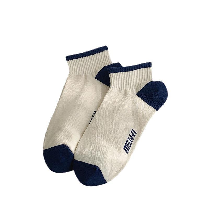 Blue Short Socks, Women's Spring and Summer Thin Letter Striped Short Socks, Casual and Versatile Sports Socks, Boat Socks, Letter Boat Socks