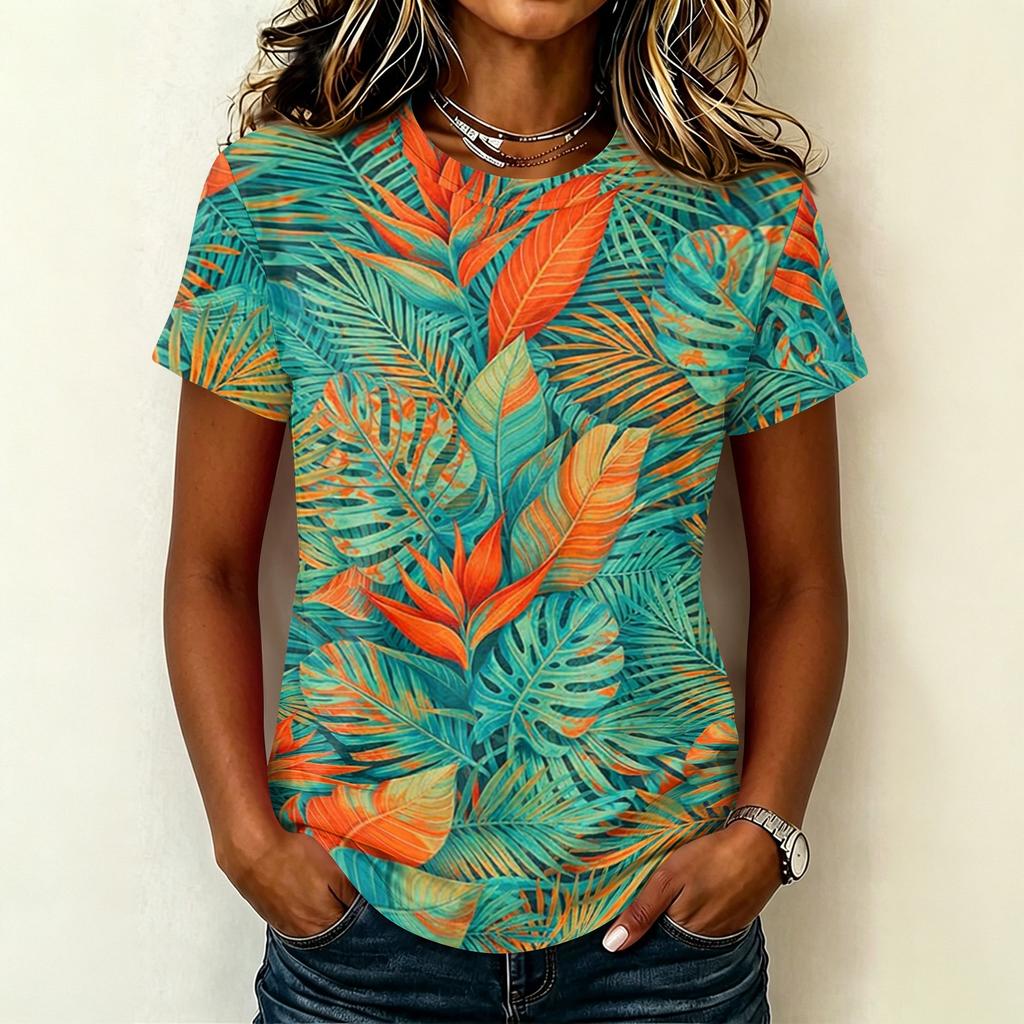 Women's Casual Pullover T Shirt Short Sleeve Round Neck Floral Print Top Lightweight Soft Fabric Relaxed Fit Tee for Everyday Wear