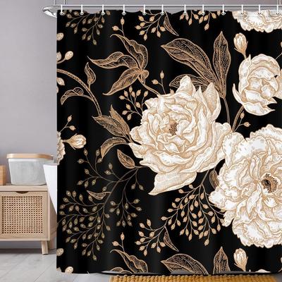 Torich Black Gold Floral Shower Curtain, Boho Dark Roses Leaves Botanical Aesthetic Flower Shower Curtain for Bathroom with Hook