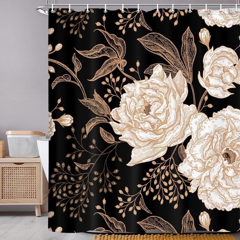 Torich Schwarzes Gold Florales Duschvorhang, Boho Dunkle Rosen Blätter Botanisch Ästhetisch Blume Duschvorhang für Badezimmer mit Haken