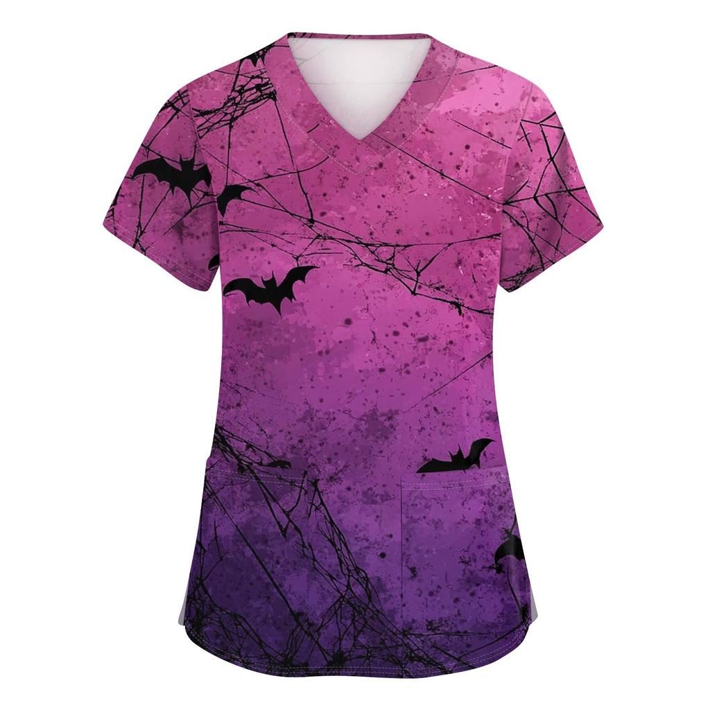 Women's Fashion V-neck Short-sleeved Work Uniform With Pockets, Halloween Print Top