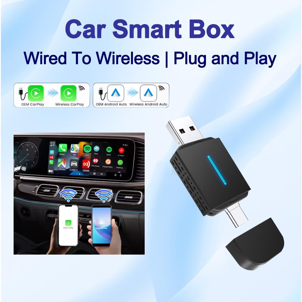 

2 в 1 Android Auto Беспроводной Carplay Type-c USB Bluetooth Wi-Fi Подключи и играй Подходит для 99% оригинальных проводных автомобилей с carplay/auto