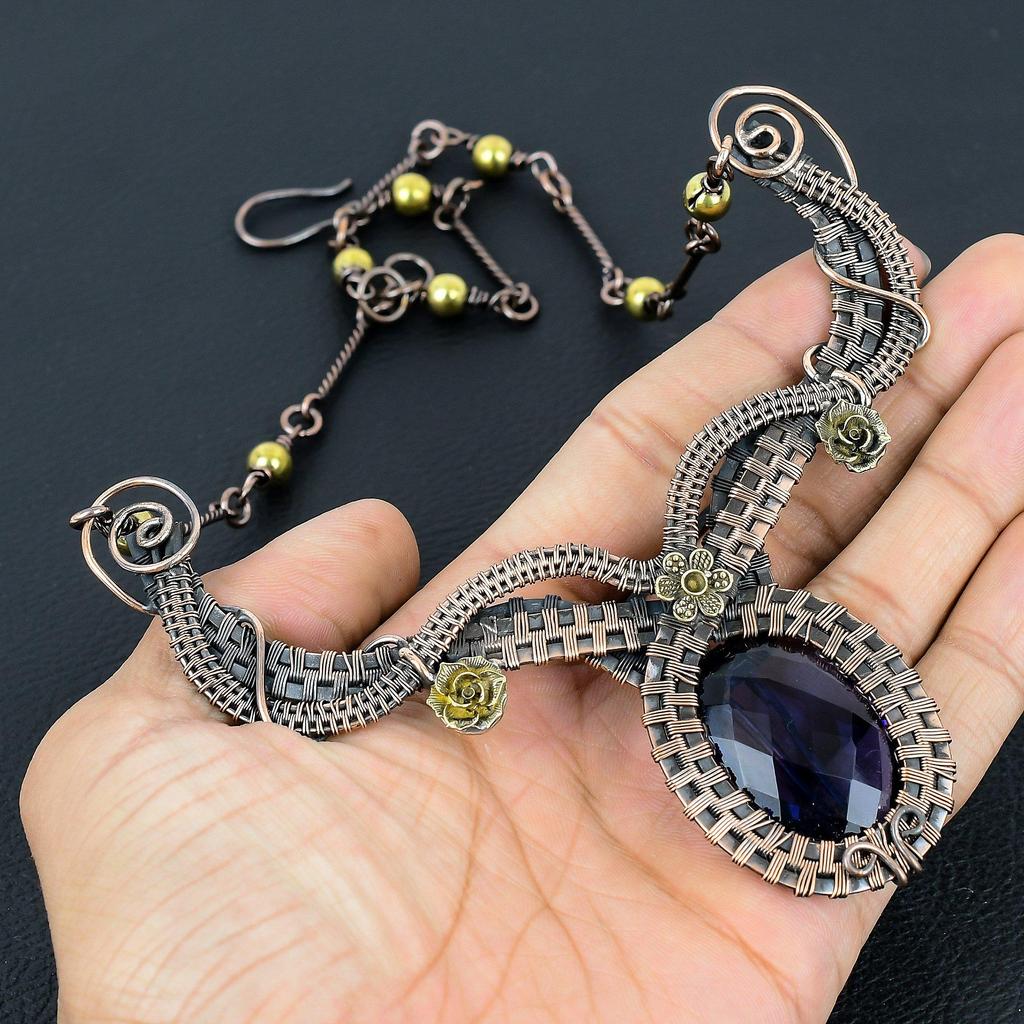 Tanzanite Handmade Gemstone Necklace, 999 Copper Wire Wrapped Necklace Antique Jewelry, Adjustable Chain Necklace Engagement Gift