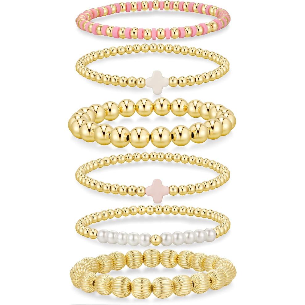 Yoosteel Gold Beaded Bracelets for Women Teen Girls, Gold Plated Jewelry | Gold Stackable Stretch Bracelets, Dainty Round Beaded Pearl Cross Bracelet