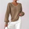 Autumn Winter Loose Casual Fashion Beading Sweater Women V-neck Solid Color All-match Pullover Knitting Top