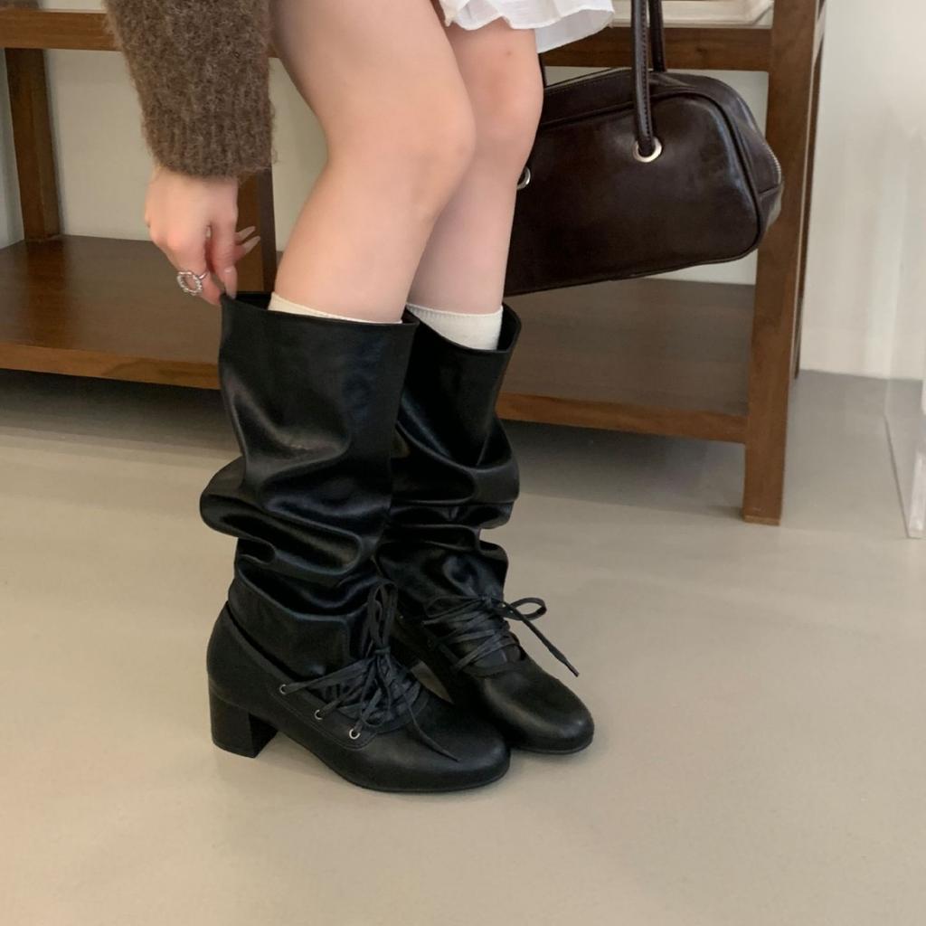 2025 Winter New Tall Skinny Pile Boots Thick High Heel Two Wear Knight Women's Boots Lace-up Locomotive Spice Girls Boots