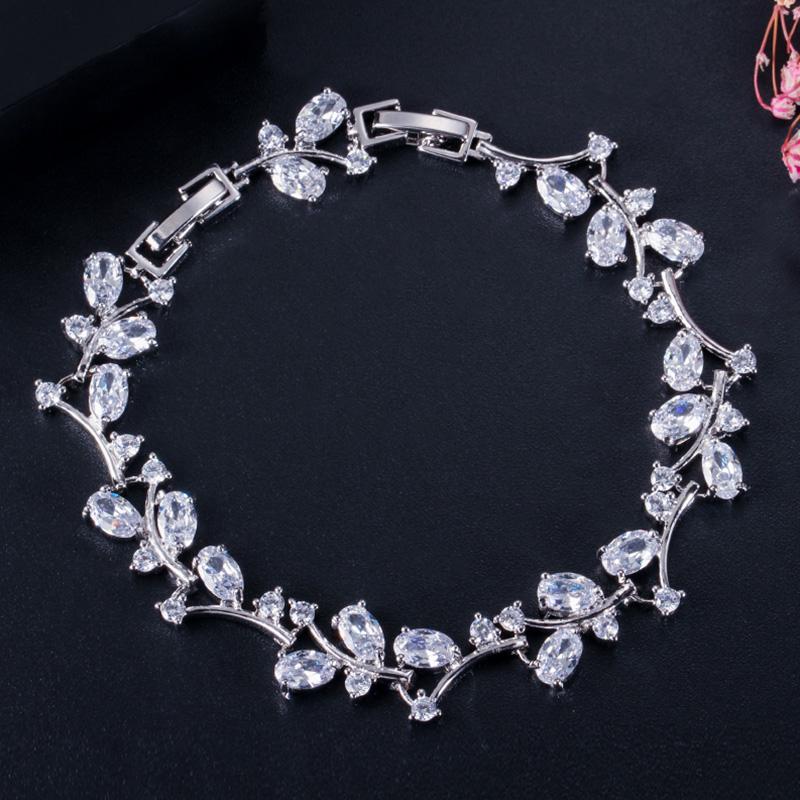 WWJ Elegant Leaf Silver Color Zirconia Tennis Bracelets Bangle