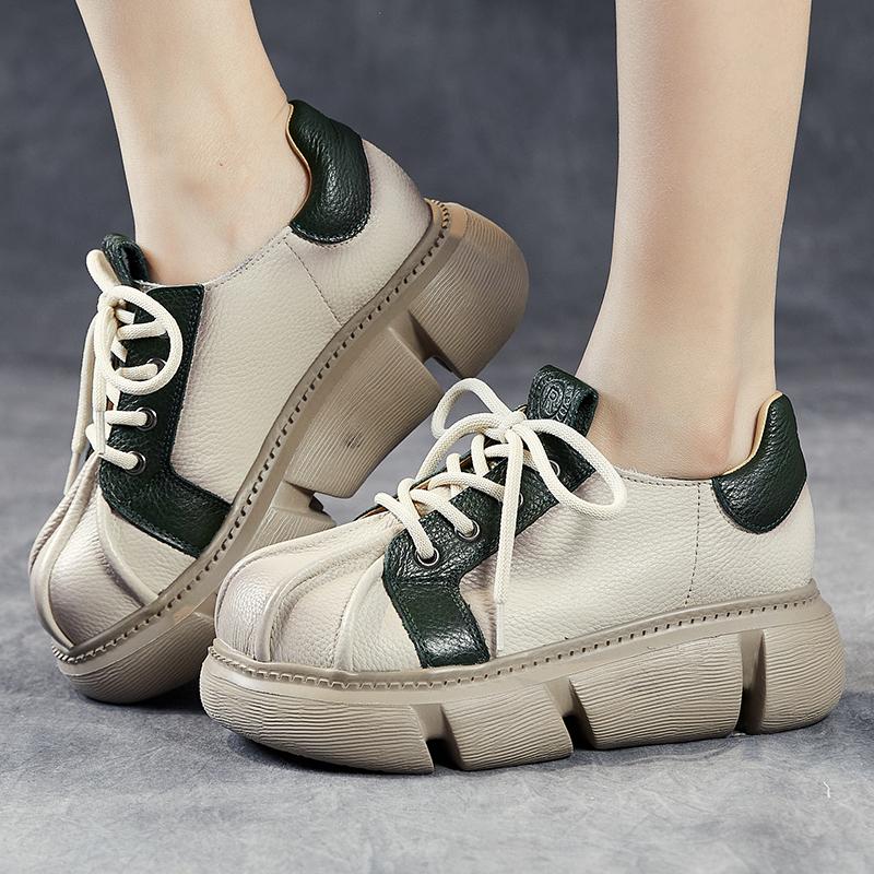 Fashion GKTINOO Thick Soled Heightening Pumps 2025 Spring New Genuine Leather Lace-up Versatile Retro Women's Platform Shoes