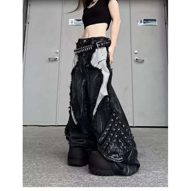 JYL Men's Wide-Leg Jeans Dune Wasteland American Heavy Washed Patch Black Denim Pants