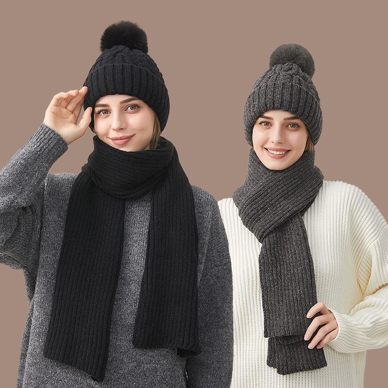 Autumn and winter hats plus scarves, thickened fleece, warm and windproof outdoor knitted two-piece hats