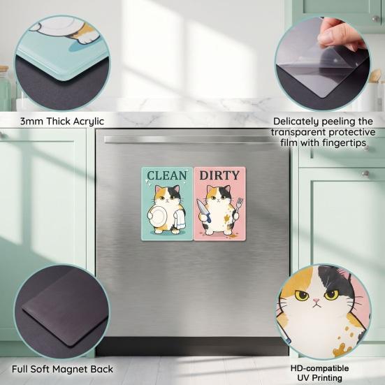 Heavy Duty Magnetic Sign Clean Dirty Dishwasher Magnet, Acrylic Cartoon Animal Sign, Double-Sided & Magnet for Kitchen Decoration Double Sided