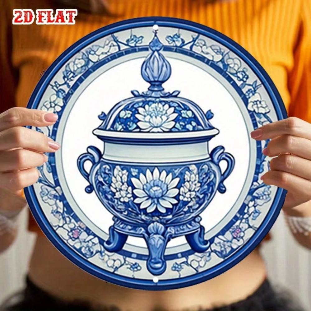 Vintage Blue White Porcelain Floral Metal Sign 7.8 Inch Round Rustproof Wall Decor For Cafe Beach Home Plate Art