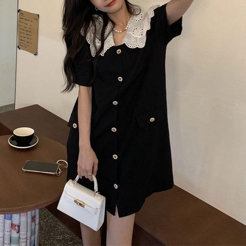 Rochie Mini Elegantă cu Guler Peter Pan din Dantelă, Îmbrăcăminte Femei, Stil Francez, Petice cu Nasturi, Vară, Culoare Solidă, Rochii Coreene A-Line