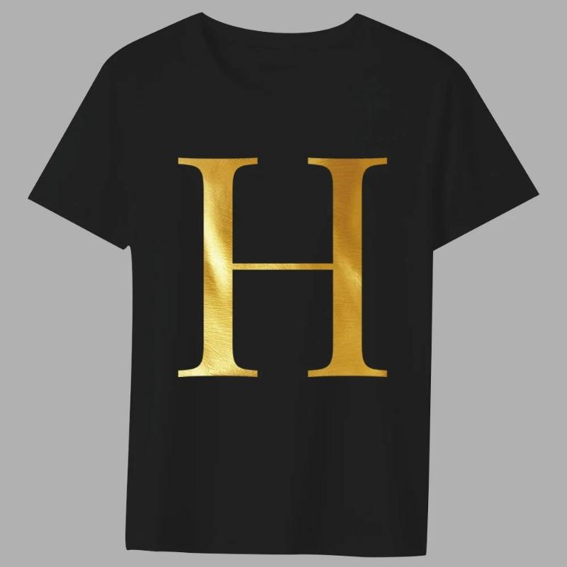 Fashion T-shirt Black Men's 26 English Letters Gold Printing Pattern Series Casual Round Neck Commuter Comfortable Top T-Shirts Men’s
