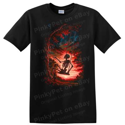 Skeleton Swinging T Shirt Creepy Halloween Ghostly Design Graphic Tee