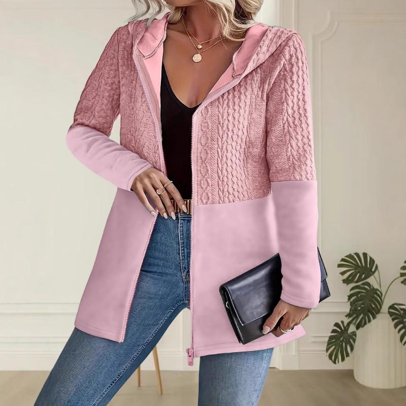 European American Autumn Winter Solid Color Corrugated Pocket Splicing Casual Loose Women's Hooded Jacket