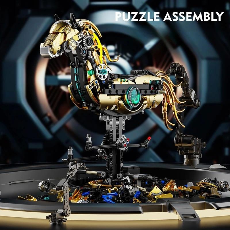 1055PCS Golden Machinery Horse Building Blocks Movable Joint Animal Models Bricks Set With Light Kid DIY Toys Holiday Gifts