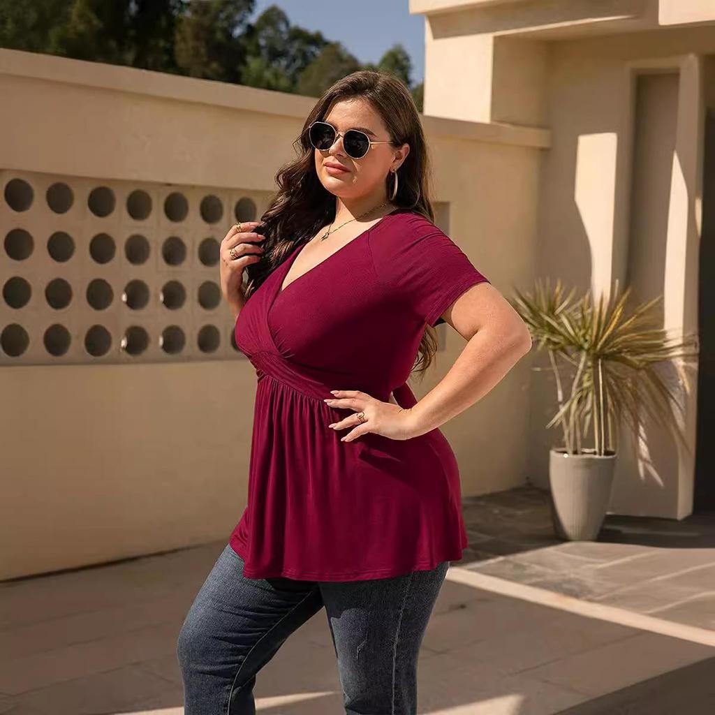 Letní dámské tričko Plus Size Tričko s výstřihem do V a krátkým rukávem
