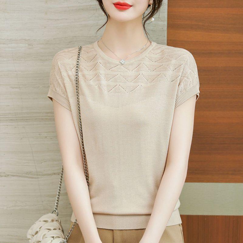 

Женская футболка Ice Silk Hollow с короткими рукавами, летний свободный топ для мам, стильный тонкий трикотажный свитер XL