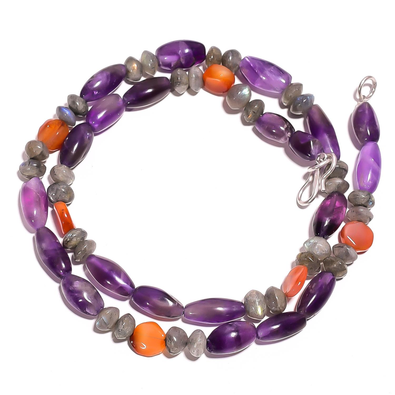 

Natural Amethyst Labradorite Carnelian Gemstone Smooth Beads Necklace 17 UB3170 UB-3170