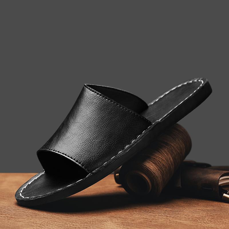 Fashion Men Genuine Leather Slipper Homes In Indoor Slipper Summer Open Toe Sandal Comfy Antiskid Soft Bottom Casual Walking Shoe