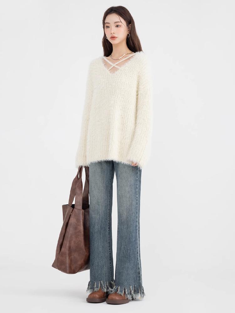 Zimowy sweter z dekoltem w serek dla kobiet Delikatne paski Luźny Słodki Leniwy Styl Pulower Dzianina Irregularny Japoński Styl Moda Dzianinowy Top