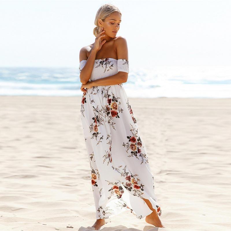 Long Maxi Women Off Shoulder Beach Summer Dresses Floral Print Chiffon