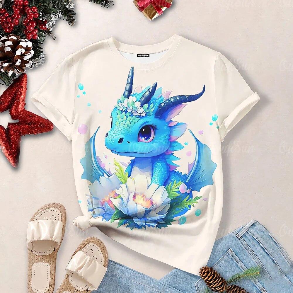 Women's Cartoon Dragon T-Shirt Fashion 3d T Shirt Fashion Near Short-Sleeved Oversized Streetwear Tees Casual Woman Tops