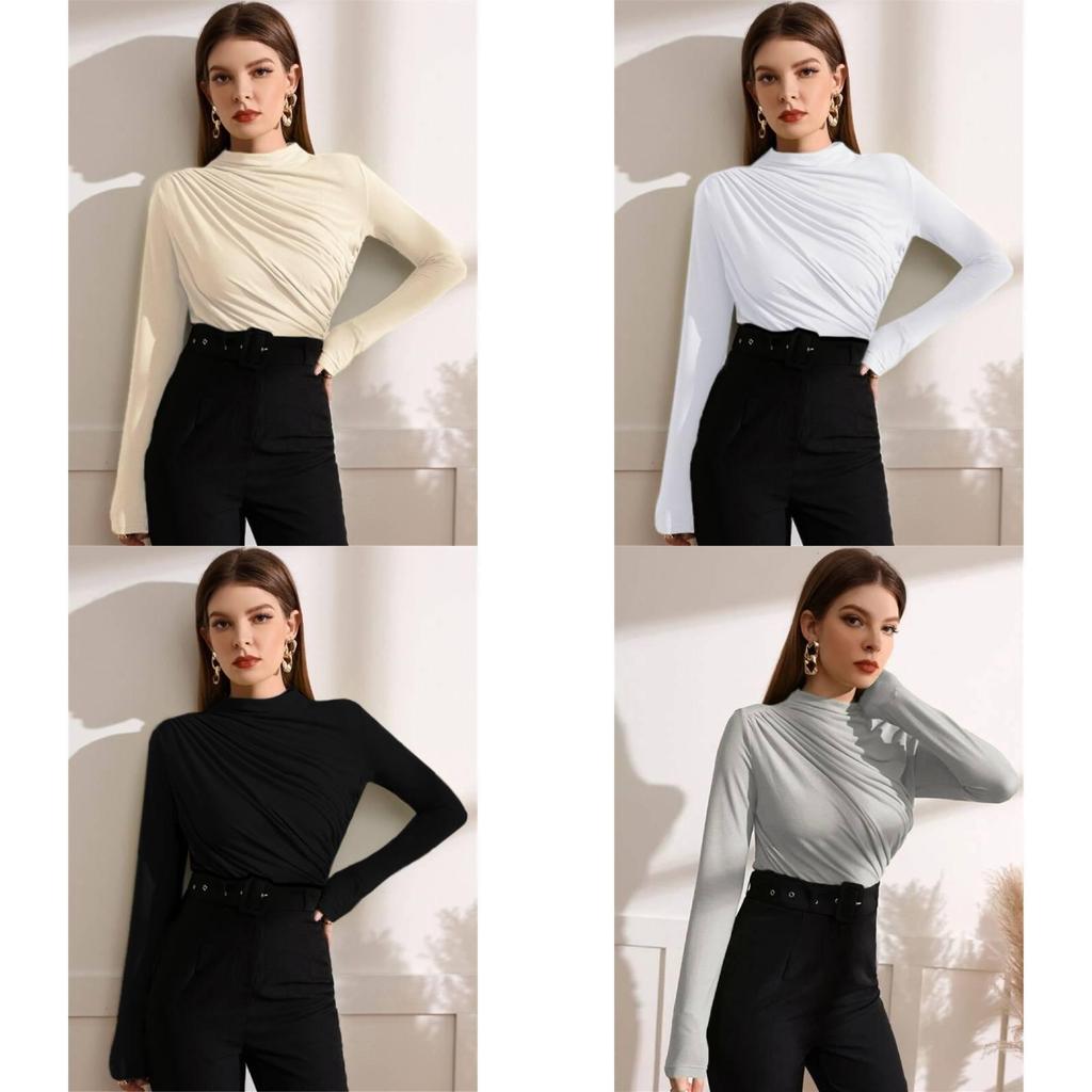 Streetwear T Shirt With Pleated Design And High Neck For Fall Casual Wear