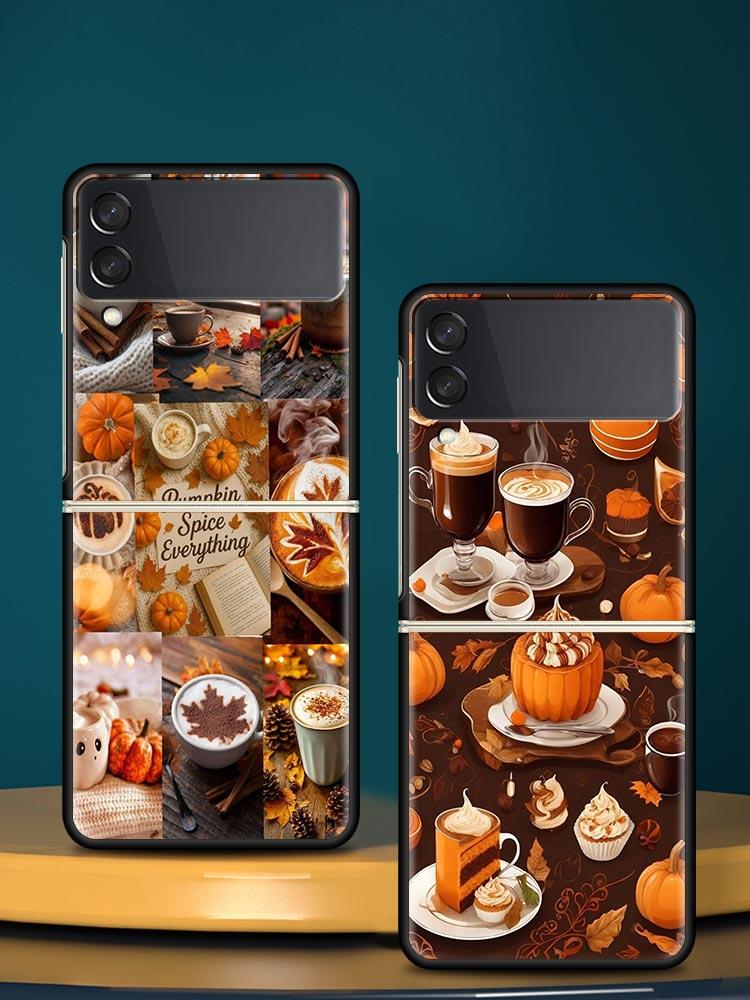 Pumpkin Autumn Leaves Coffee Hard PC Phone Case For Samsung Galaxy Z Flip 7 6 5 4 Black Cover For Galaxy Z Flip 3 Foldable Shell