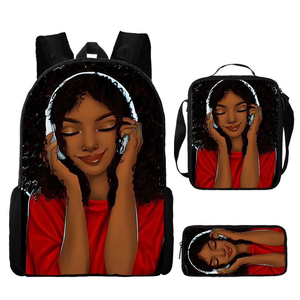 Cartoon African Girl Schoolbag, Primary And Secondary School Backpack, Backpack Three-Piece Set