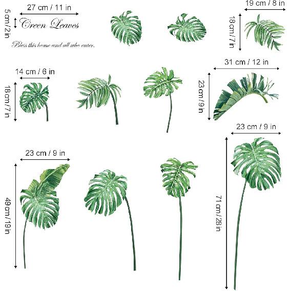Decalmile Green Tropical Leaves Wall Decals Palm Tree Leaf Plants Wall Stickers Bedroom Living Room Sofa TV Background Wall Art Decor
