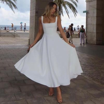 Elegant Women's Sleeveless Solid Color Square Neck Dress - Spring/Summer 2025 Collection