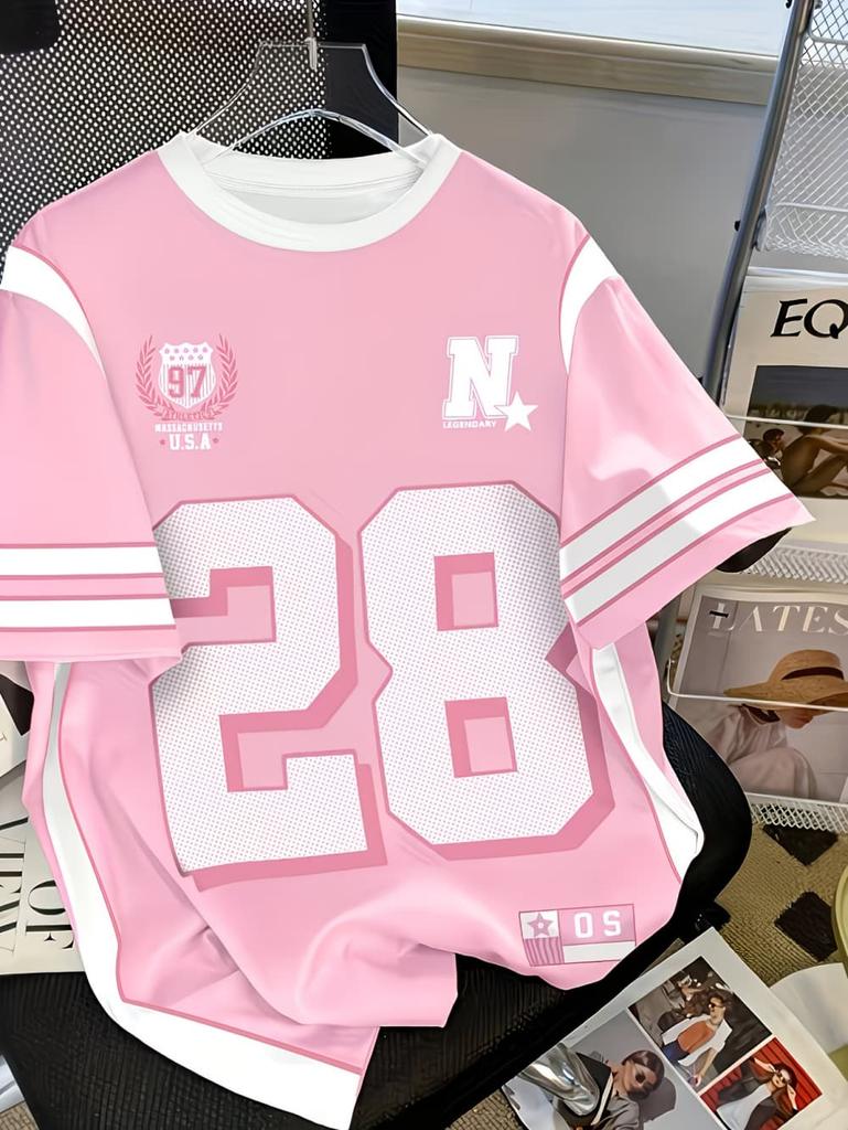 2026 Summer Children's Number Digital Print Pattern Sports American Style Top Round Neck Short Sleeve Cute T-Shirt Girls Clothes