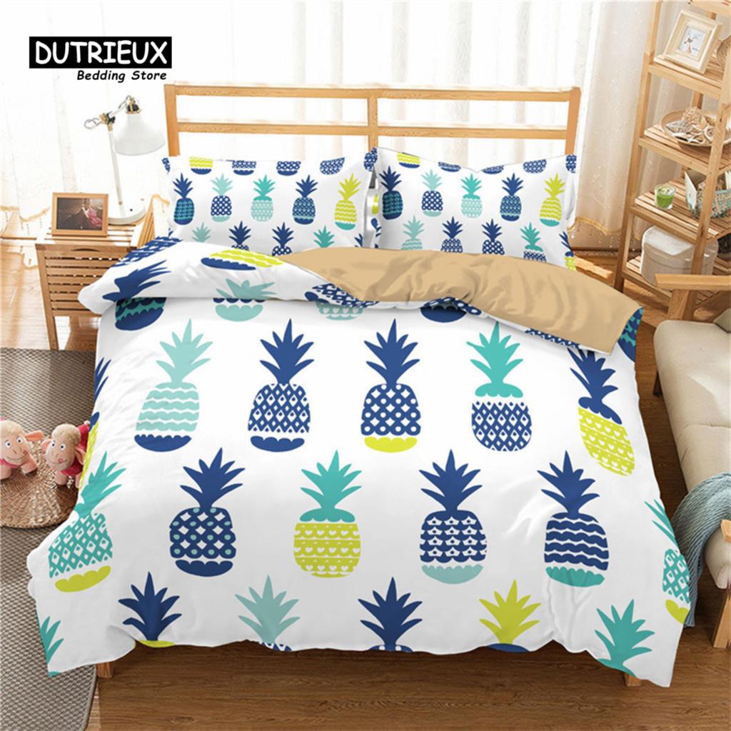 Funny Tropical Fruit Bedding Set Microfiber Pineapple Pear Geometric Pattern Duvet Cover With Pillowcases For Kids Bedroom Decor