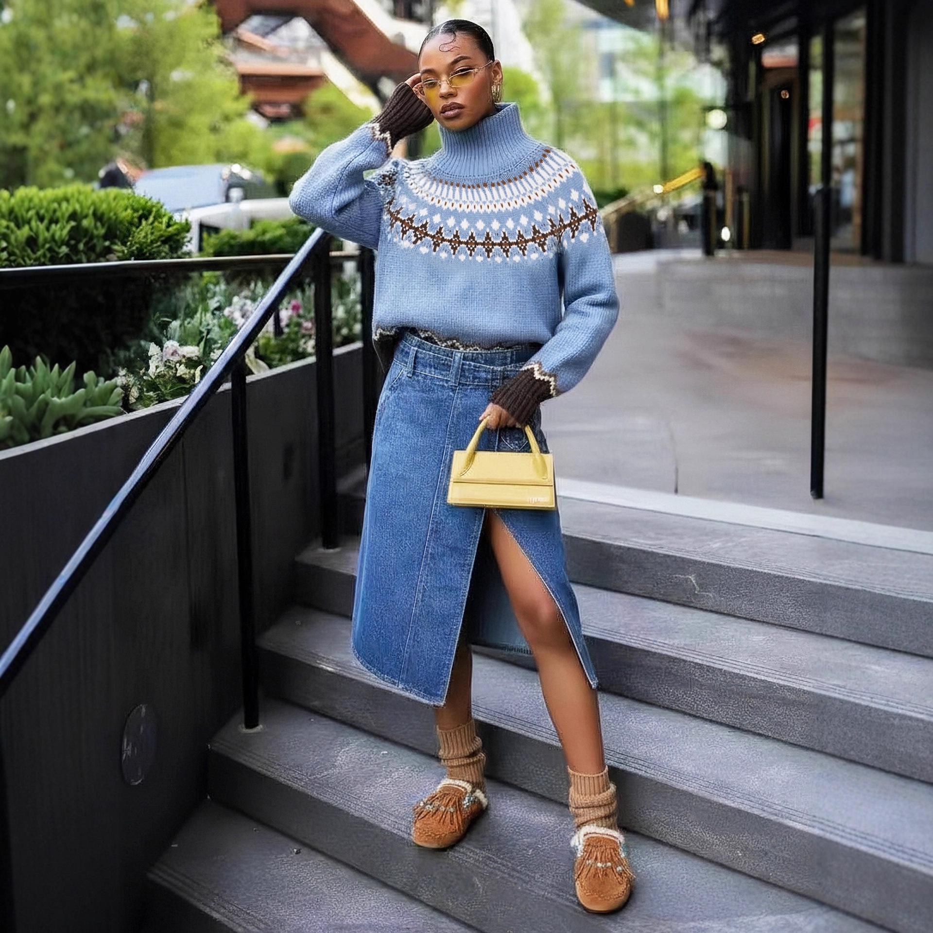 

2025 Autumn/Winter Ethnic Style Retro High Neck Jacquard Color Block Sweater - Fashionable and Warm Knitwear M
