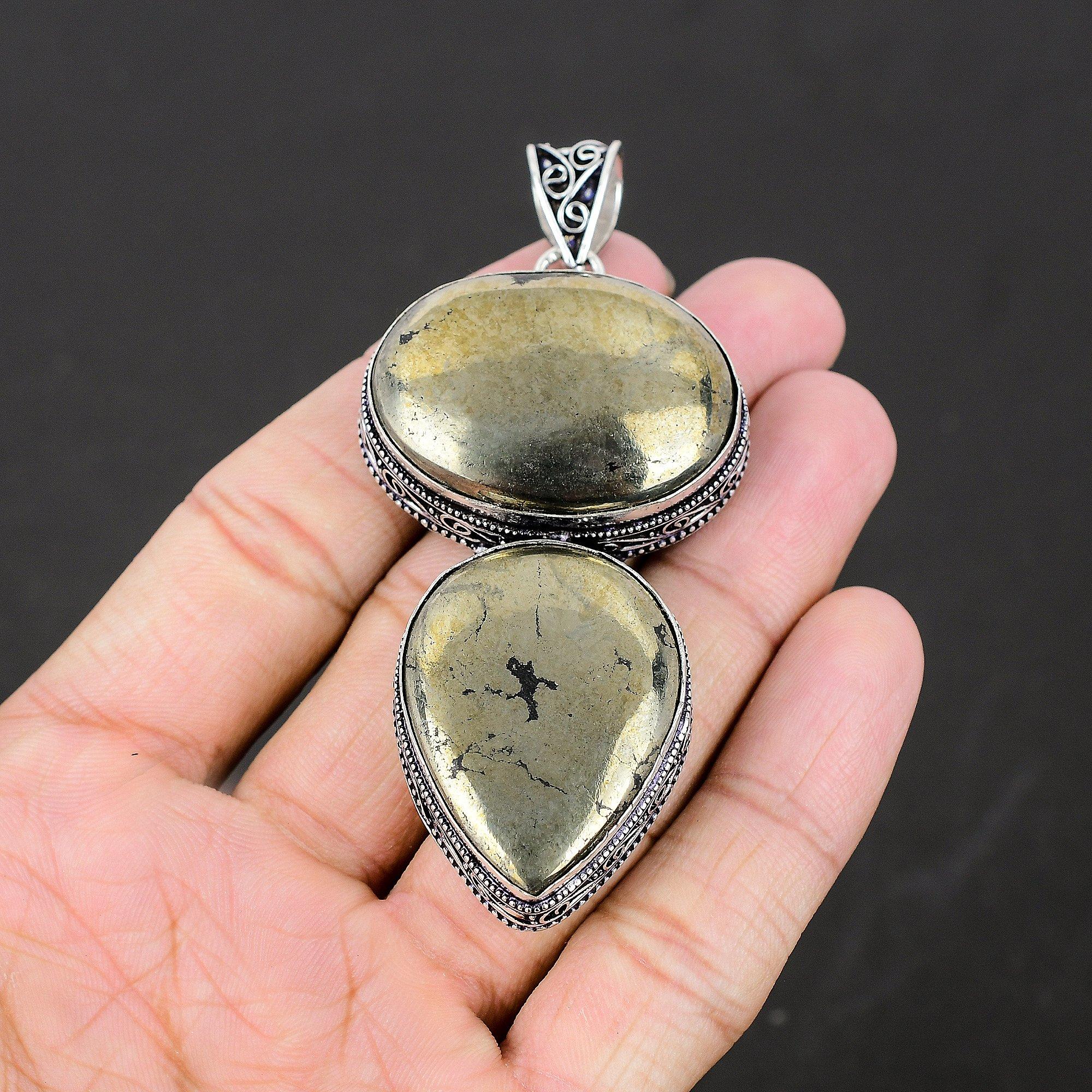 

Подвеска из стерлингового серебра 925 пробы ручной работы с золотым драгоценным камнем из пирита, подвеска из драгоценного камня с двойным пиритом, ожерелье с подвеской из пирита для женщин 2.45 золотой/чёрный