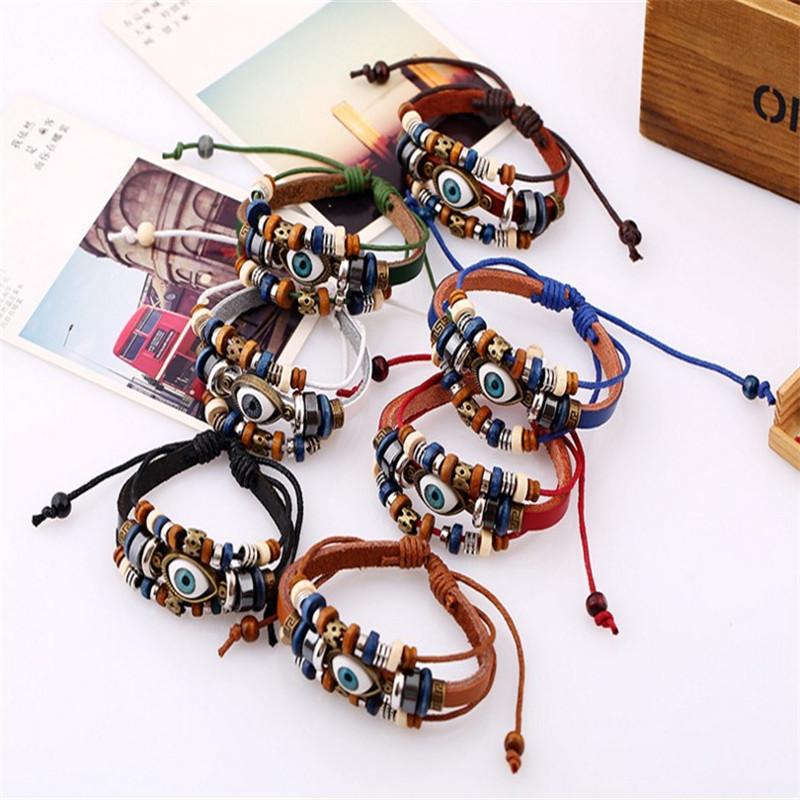 Vintage Beaded Eye Bracelets Multi-Layer Leather Rope Adjustable Bracelet Unisex Jewelry Accessries Gifts