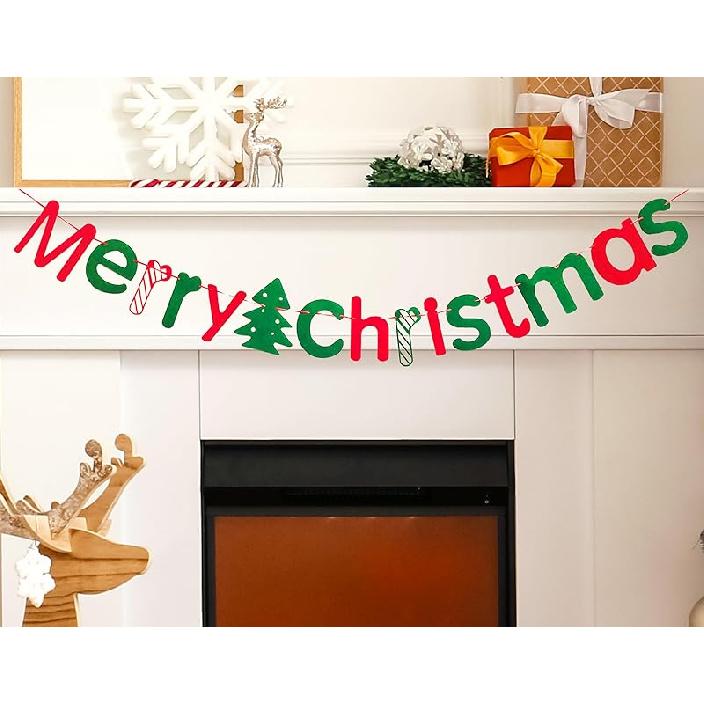 Merry Christmas Banner Red Green Wool Felt Garland Christmas Decorations Indoor Happy Holiday Decorations Cute Hanging Decor for Mantel Fireplace