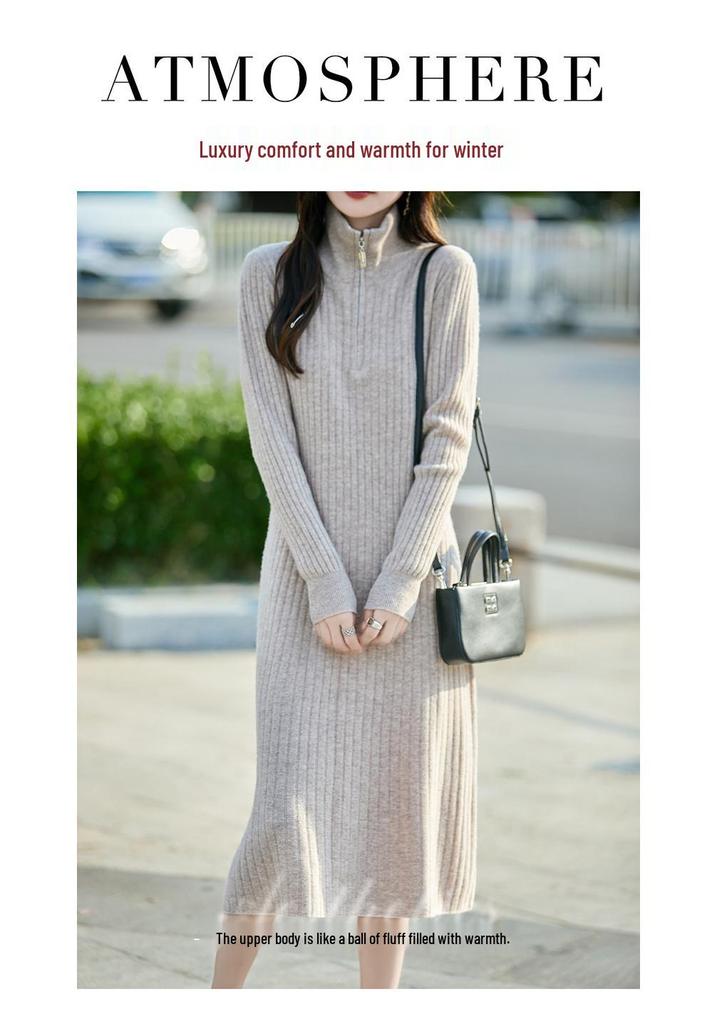 Women's Pure Wool Knit Maxi Dress - Long Sleeve, Half-Zip, Loose Fit, Solid Color, Autumn/Winter Fashion.