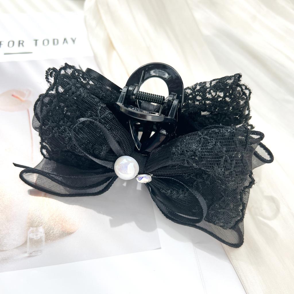Women's Black Sweet Large Double Deck Bow Hair Claw Clip,Net Bowknot With Jewly Hairpin,Fashionable Hair Accessories