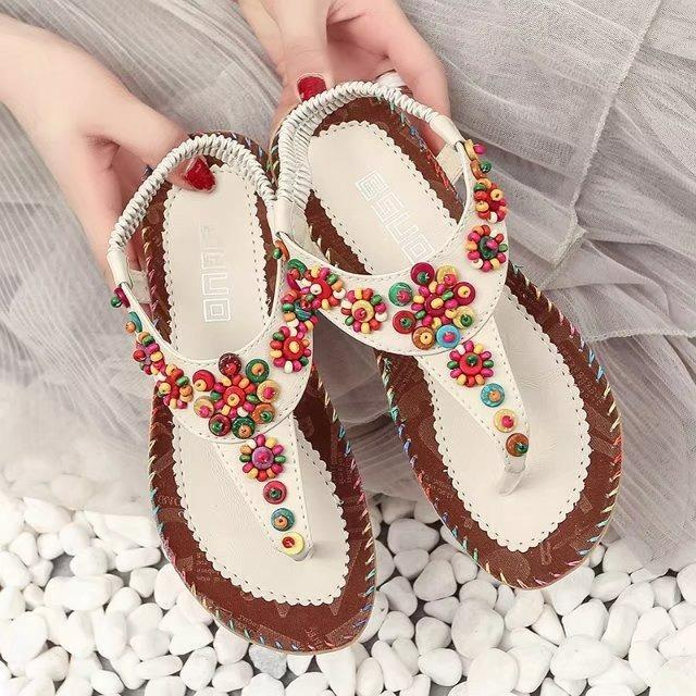 Flat Sandals Women's Summer Bohemian Clip-on Flat Sandals Women's Beaded Beach Shoes Women